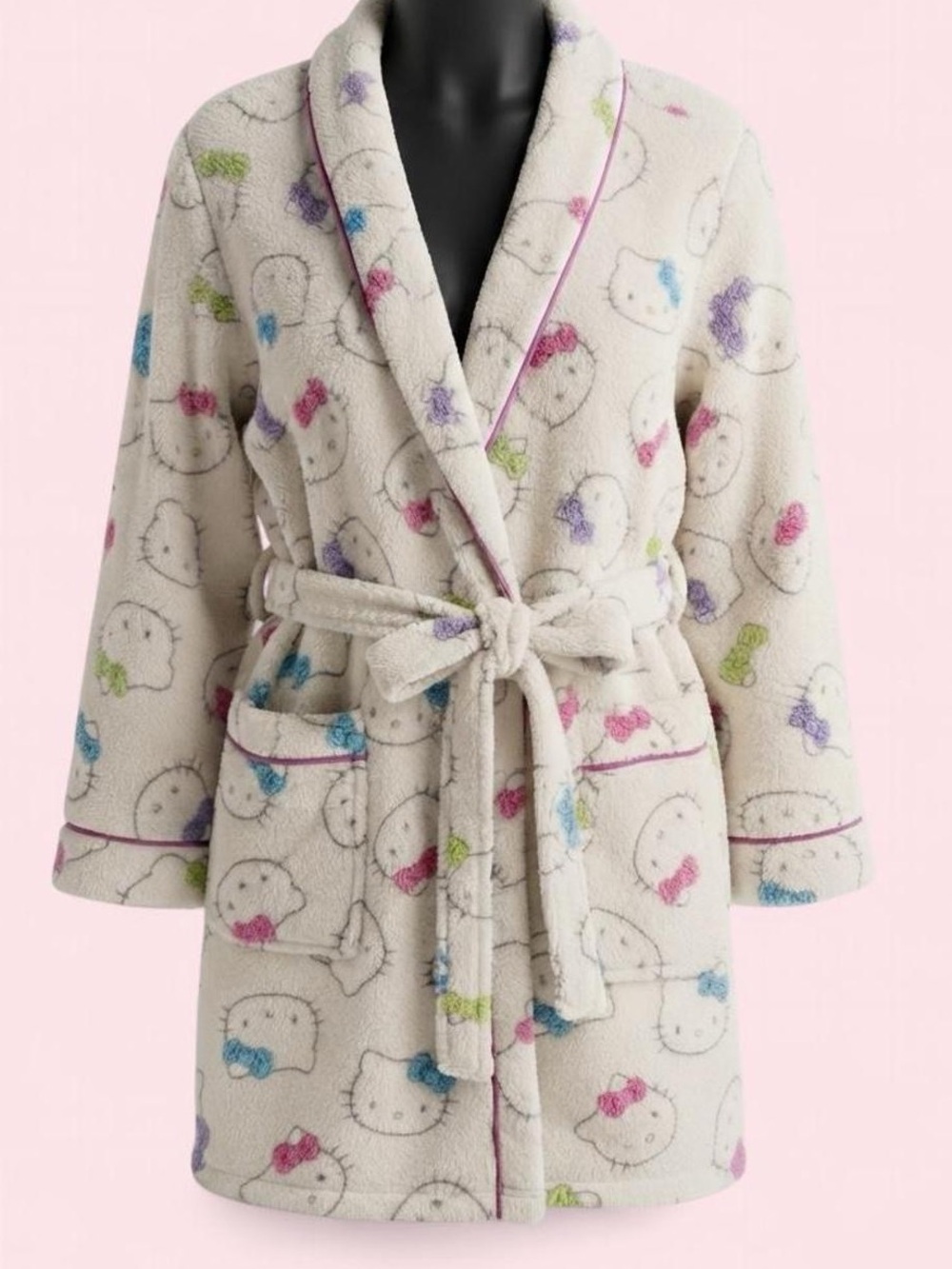 Hello Kitty Vintage Y2K Plush Robe in White with Pink, Blue, Green, Purple Bows